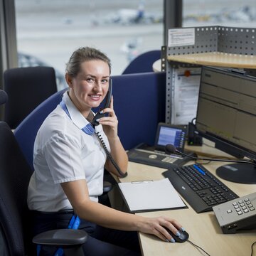 Mitarbeiterin des Flughafens Stuttgart telefoniert und arbeitet am Computer.